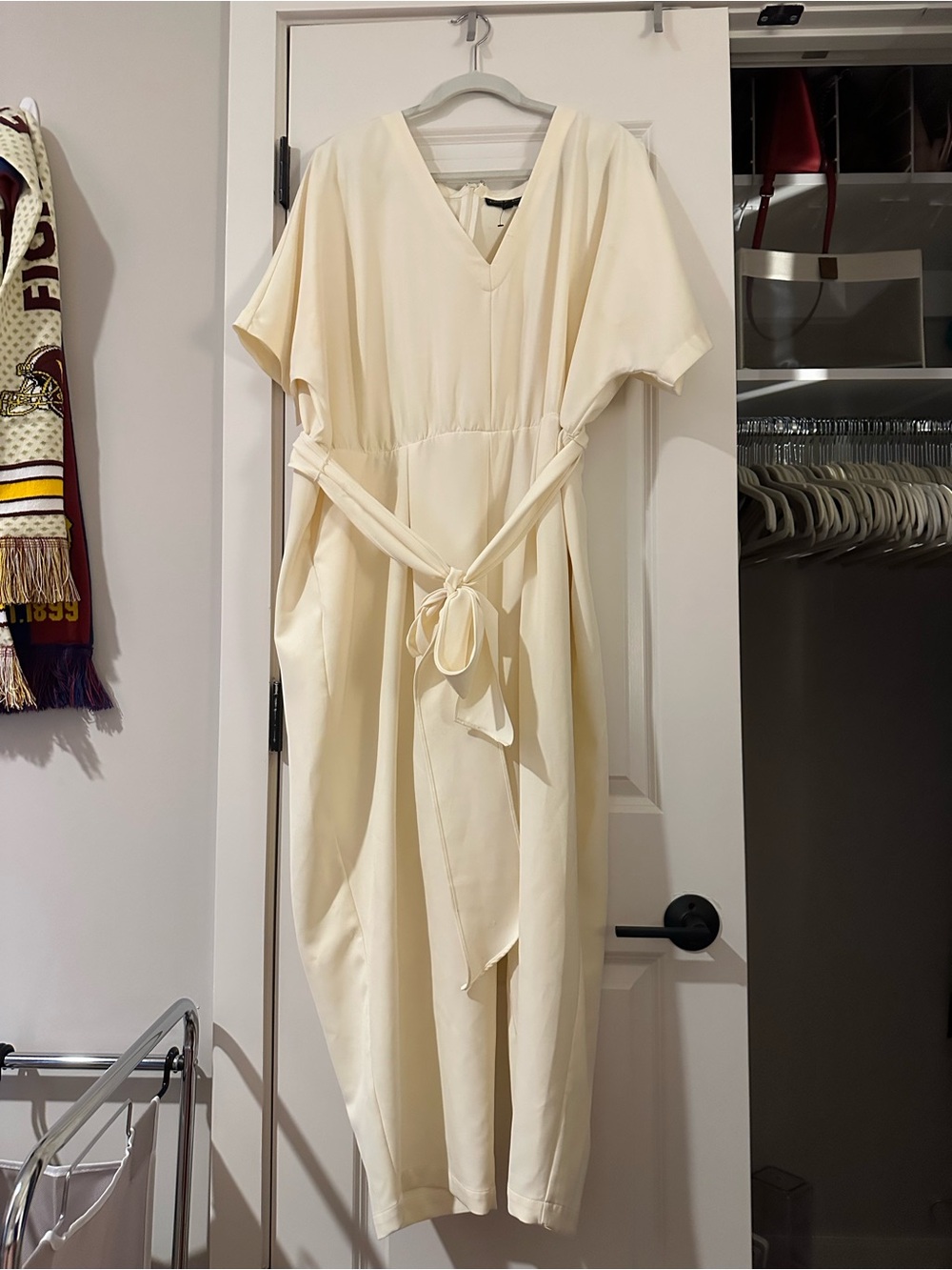Lane Bryant Cream V-Neck Tie-Waist Jumpsuit